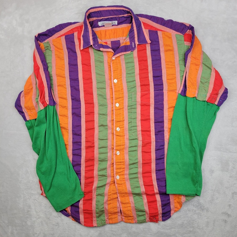 Unionbay Shirt Mens Medium Vintage 90s Button Up Rainbow Striped Dress Adult*